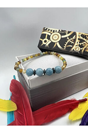 Doğal Taş Akuamarin Akik Hematit Doğal Taş Bileklik 4&8 mm