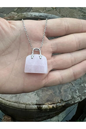Orijinal Pembe Kuvars Doğal Taş Kolye Çanta Kesim