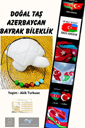 Sertifikalı Doğal Taş Azerbaycan Bayrak Bileklik Yeşim Akik Turkuaz AAA Kalite Sürpriz Hediyeli