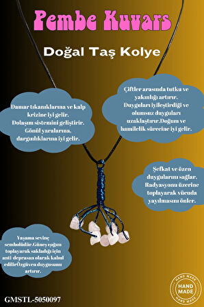 Sertifikalı Orijinal Doğal Taş Pembe Kuvars Taşı El Yapımı Bakır Tel Sarma Kolye