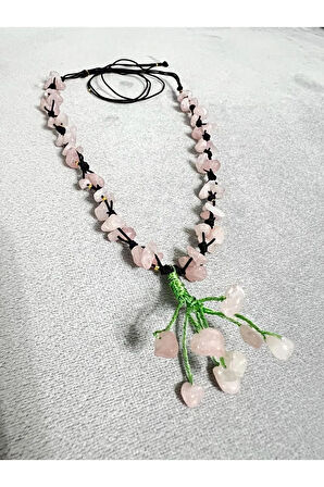 Sertifikalı Pembe Kuvars Doğal Taş El Yapımı Tasarım Kolye