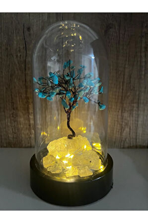 Sertifikalı Doğal Taş Turkuaz Tasarımlı Bakır Tel Sarma Işıklı Fanus Aksesuar 21x12 cm Büyük Boy