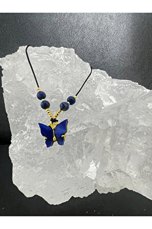 Sertifikalı Orijinal Lapis Lazuli & Sedef Doğal Taş Kolye Kelebek Detaylı Asansörlü Kilit Sistemi