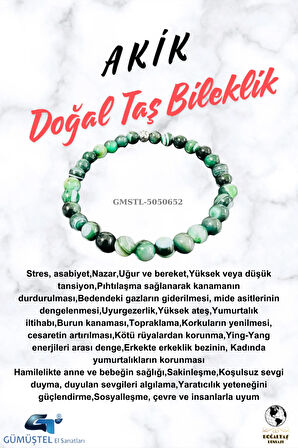 Sertifikalı Akik Doğal Taş Bileklik 6mm