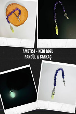 Sertifikalı Ametist & Kedi Gözü Doğal Taş Kolye Pandül Sarkaç