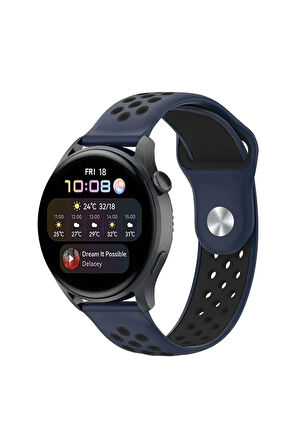 Watch 22mm Spor Delikli Kordon - Lacivert-Siyah-(5796)