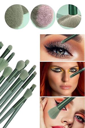 Makyaj Fırça Seti Yeşil 13 Parça Fondöten Fırçası Allık Fırçası Far Fır