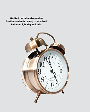 Nostaljik Büyük Boy Metal Masa Saati Bronz Kaplama ve Yüksek Sesli Alarm