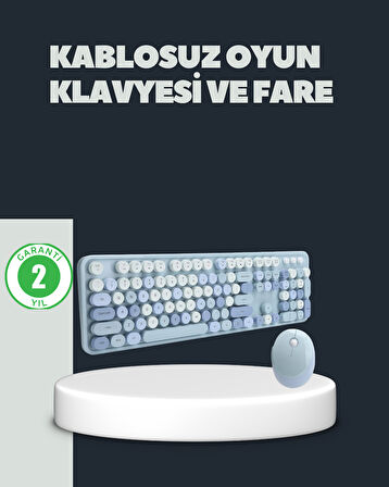 Retro Daktilo Stilli Kablosuz Klavye Mouse Seti – Sessiz ve Şık