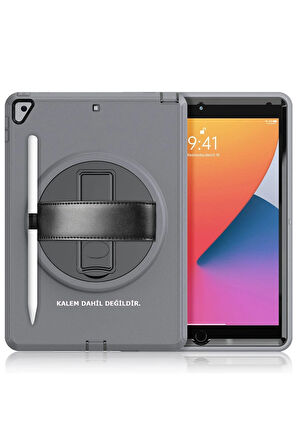 iPad 10.2 (7.nesil) Kılıf Hand Strap Tablet Kılıfı - Gri-(5796)