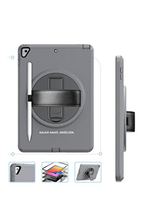 iPad 10.2 (7.nesil) Kılıf Hand Strap Tablet Kılıfı - Gri-(5796)