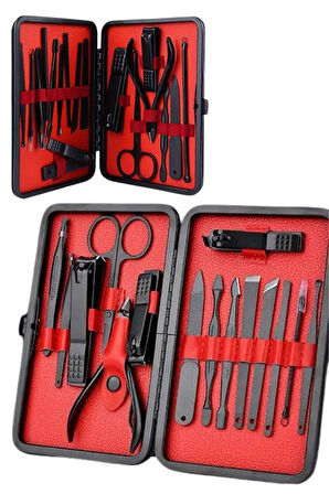 Deri Çantalı Siyah Paslanmaz Çelik 17 Parça Manikür Pedikür Seti