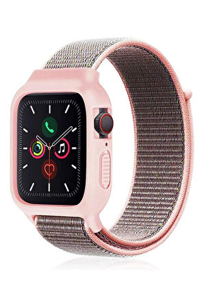 Apple Watch 42mm Hasırlı Cırtcırtlı Kasalı Kordon - Pembe-(5796)