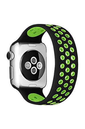 Apple Watch 38mm Ayarlı Delikli Silikon Kordon - Siyah-Yeşil-(5796)
