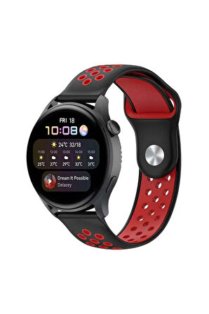 Watch 22mm Spor Delikli Kordon - Siyah-Kırmızı-(5796)