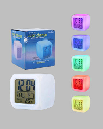 7 Renk LED Işıklı Alarmlı Dijital Küp Masa Saati Termometreli