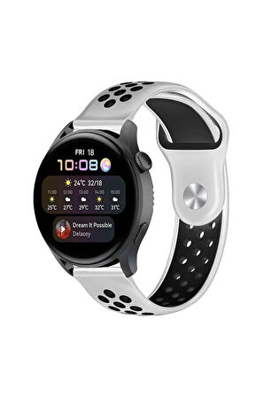 Watch 22mm Spor Delikli Kordon - Beyaz-Siyah-(5796)