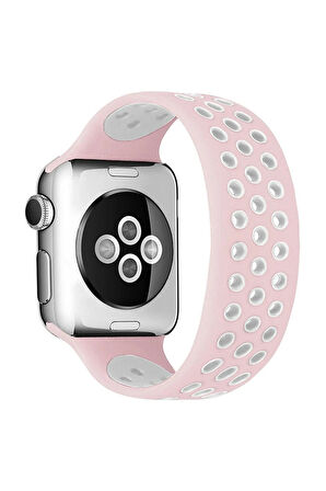 Apple Watch 38mm Ayarlı Delikli Silikon Kordon - Pembe-Beyaz-(5796)
