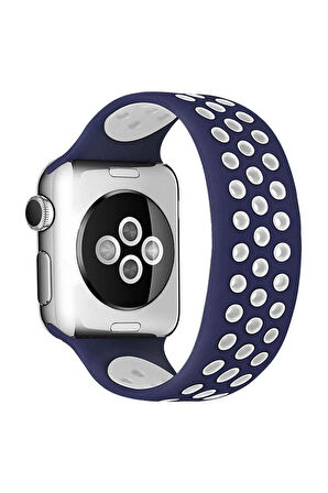 Apple Watch 42mm Ayarlı Delikli Silikon Kordon - Lacivert-Beyaz-(5796)