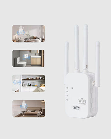 300Mbps WiFi Menzil Genişletici 4 Antenli WPA3 Güvenlikli Priz Tipi Repeater