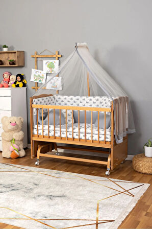 Ahşap Beşik Anne Yanı Beşik Doğal(VERNİKLİ) 60x120 - Gri Balina Uyku Seti Yatak Tekerlekli
