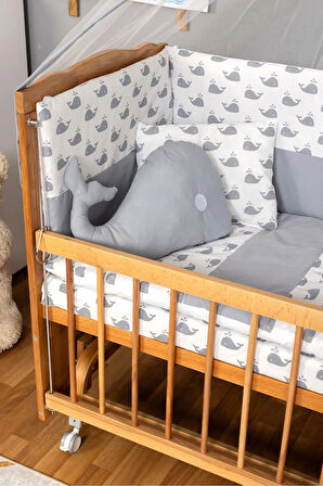 Ahşap Beşik Anne Yanı Beşik Doğal(VERNİKLİ) 60x120 - Gri Balina Uyku Seti Yatak Tekerlekli