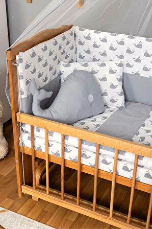 Ahşap Beşik Anne Yanı Beşik Doğal (VERNİKLİ) 60x120 - Gri Balina Uyku Seti Yatak