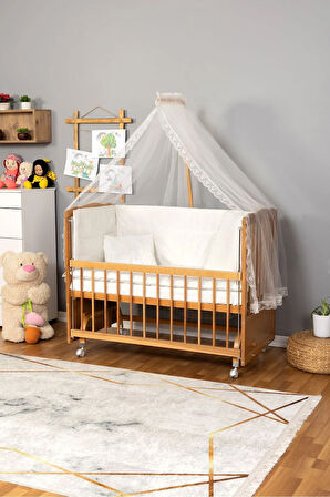 Ahşap Beşik Anne Yanı Beşik Doğal (VERNİKLİ) 60x120 Krem Güpür Uyku Seti Yatak Tekerlekli