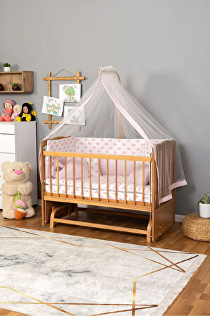 Ahşap Beşik Anne Yanı Beşik Doğal (VERNİKLİ) 60x120 - Pembe Balina Uyku Seti Yatak