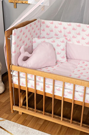 Ahşap Beşik Anne Yanı Beşik Doğal (VERNİKLİ) 60x120 - Pembe Balina Uyku Seti Yatak