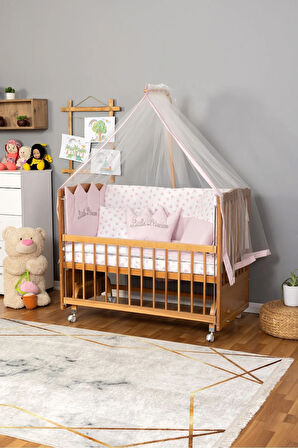 Ahşap Beşik Anne Yanı Beşik Doğal (VERNİKLİ) 60x120 Pembe Prenses Uyku Seti Yatak Tekerlekli