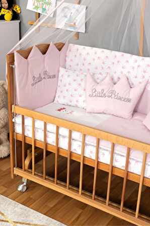 Ahşap Beşik Anne Yanı Beşik Doğal (VERNİKLİ) 60x120 Pembe Prenses Uyku Seti Yatak Tekerlekli