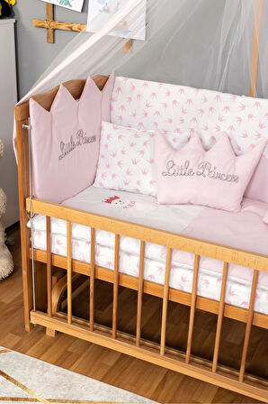 Ahşap Beşik Anne Yanı Beşik Doğal (VERNİKLİ) 60x120 - Pembe Prenses (KIZ) Uyku Seti Yatak