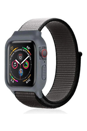 Apple Watch 38mm Hasırlı Cırtcırtlı Kasalı Kordon - Siyah-Gri-(5796)