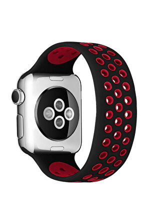 Apple Watch 38mm Ayarlı Delikli Silikon Kordon - Siyah-Kırmızı-(5796)