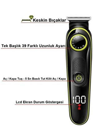 Unısex Çok Fonksiyonlu Bakım Seti Led Göstergeli Tıraş Makinesi Saç Sakal Vü