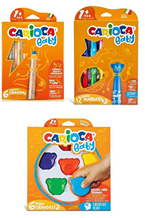 Yeni Bebek Boya Seti - 12'li Baby Keçeli Kalem - Ahşap Kuru Boyama Kalemi Ve 6'lı Mum Boya Teddy