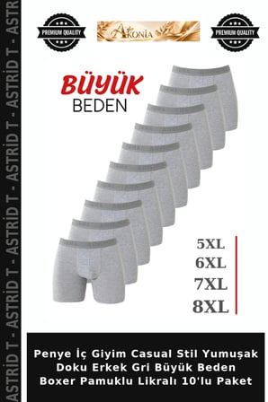 Penye İç Giyim Casual Stil Yumuşak Doku Erkek Gri Büyük Beden Boxer Pamuklu Likralı 10'lu Paket