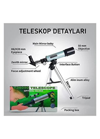 Teleskop 90 Kat Yakınlaştırma Uzay-Ay-Doğa Gözlem Teleskobu Tripod Dahil Taşınabilir Eğitim Teleskop