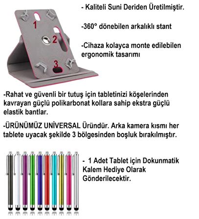 TCL Tab 7 LITE  7"  Uyumlu Üniversal Dönerli Standlı Tablet Kılıfı +Dokunmatik Tablet Kalemi Hediye