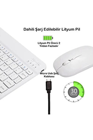 Samsung Tab S10 FE+ Plus 13.1" Tablet için Uyumlu Slim Şarjlı Türkçe Bluetooth Klavye ve Mouse Seti