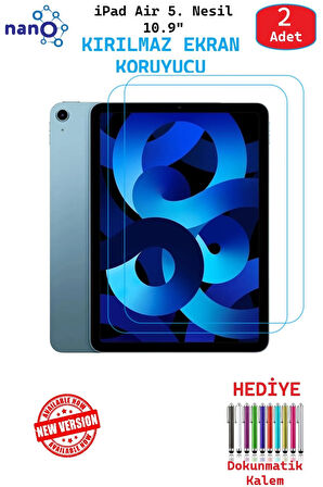 2 ADET iPad Air 5. Nesil 10.9" Tablet Tam Uyumlu Ekran Koruyucu Şeffaf Cam Nano HD Esnek Kırılmaz