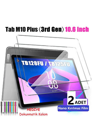 2 ADET Lenovo Tab M10 Plus (3. Gen) TB128FU 10.6" Ekran Koruyucu Şeffaf Cam Nano HD Esnek Kırılmaz