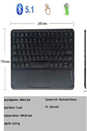 Everest Everpad DC-M700 7'' Tablet Uyumlu Şarjlı Touchpadli Yuvarlak Tuş RGB Bluetooth Klavye