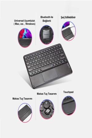 AmazonFire 10.1"Tablet için Uyumlu Şarjlı Touchpadli Yuvarlak Tuş RGB Bluetooth Klavye
