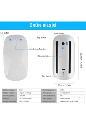 Honor Pad 10 12" Tablet İçin Uyumlu Bluetooth Touch Şarjlı Magic Model Mouse Sessiz Dokunmatik Fare