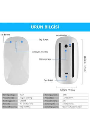 Honor Pad V9 11.5" Tablet İçin Uyumlu Bluetooth Touch Şarjlı Magic Model Mouse Sessiz Dokunmatik Fare