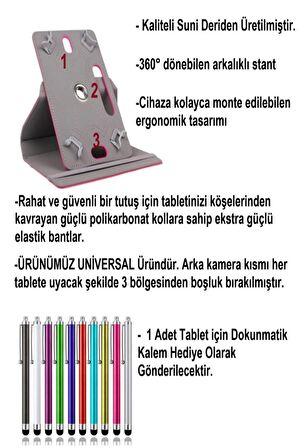 Samsung Galaxy Tab A9 SM-X110 8.7" Uyumlu Üniversal Dönerli Standlı Tablet Kılıfı +Dokunmatik Kalemi Hediye