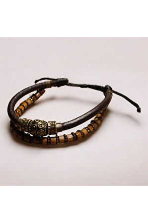 Antik Desenli Metal Figürlü Kahverengi Deri Ve Ahşap Boncuklu Iki Parça Bileklik
