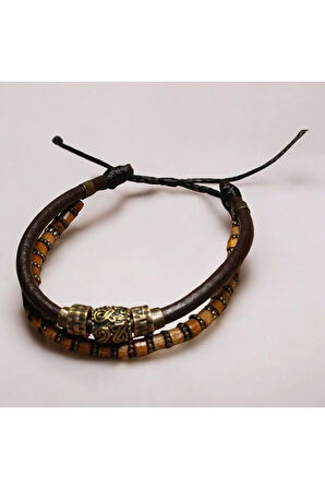 Antik Desenli Metal Figürlü Kahverengi Deri Ve Ahşap Boncuklu Iki Parça Bileklik